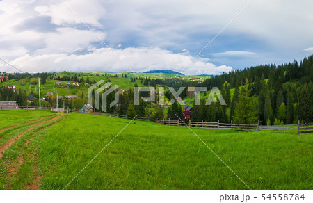 Spring mountains scene with wooden split rail 54558784