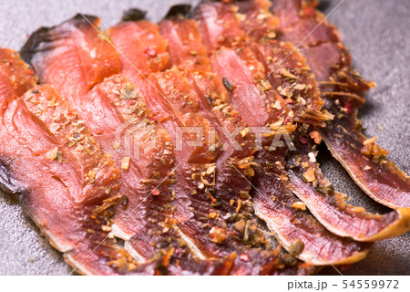 Pieces Of Cold Smoked Pink Salmon. Close-Up on the table Pieces Of Cold Smoked Pink Salmon. Close-Up on the table 54559972