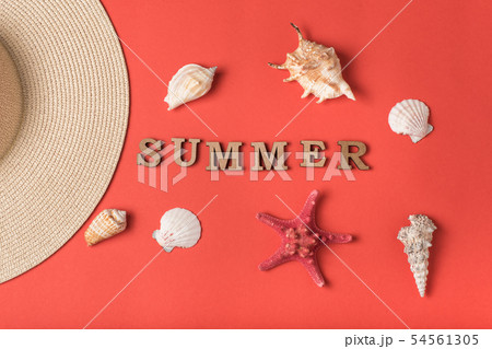 Word Summer from wooden letters. Seashells, Word Summer from wooden letters. Seashells, 54561305