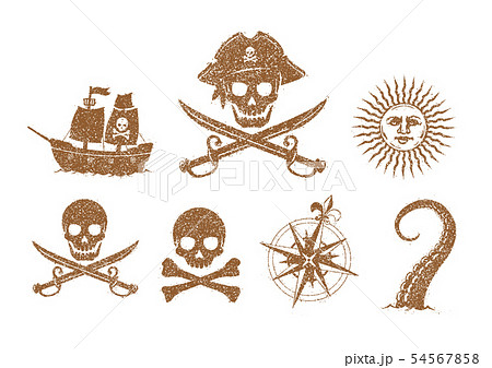 海賊 宝の地図 イラストアイコン セット かすれ ヴィンテージ ダメージ のイラスト素材