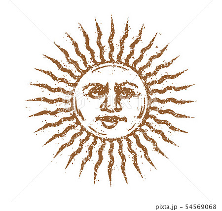 顔のある太陽 おとぎ話 神話 寓話 イラスト かすれ ヴィンテージ