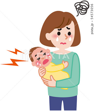 泣きやまない赤ちゃんとお母さんのイラスト素材