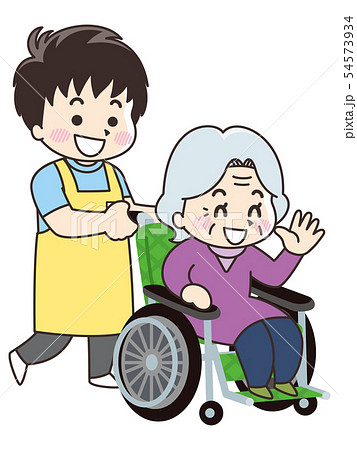 介護士の男性と車椅子の高齢女性のイラスト素材