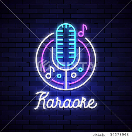 Karaoke neon night bar. Mocrophone karaoke logo - Stock