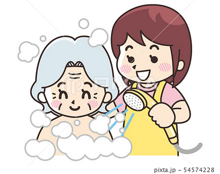 高齢女性に入浴介助を行う介護士の女性のイラスト素材 54574228 Pixta