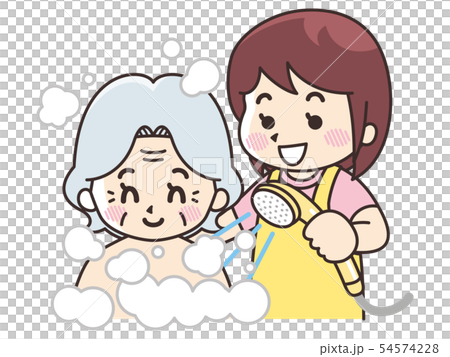 Carer woman doing bathing assistance to elderly women Carer woman doing bathing assistance to elderly women 54574228