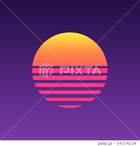 80s sunset retro neon background. 90s poster electro sun space vintage grid sunset icon 54574234