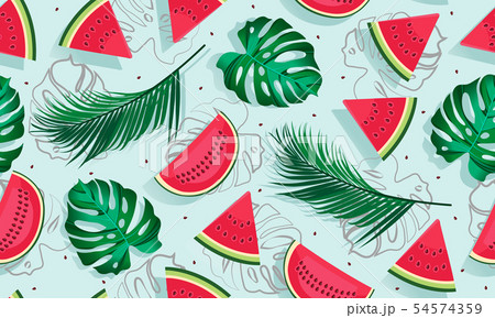 Seamless pattern watermelons with tropical leaf, Seamless pattern watermelons with tropical leaf, 54574359
