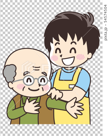 Male carer giving assistance to elderly men 54574504