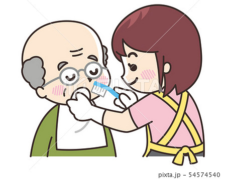 高齢男性に口腔ケアを行う介護士の女性のイラスト素材