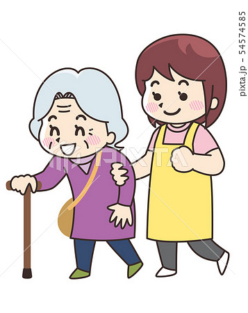 高齢女性に歩行介助を行う介護士の女性のイラスト素材