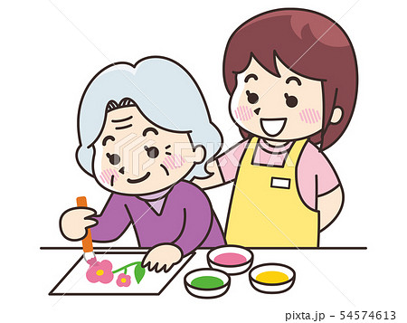 塗り絵を楽しむ高齢女性と介護士の女性のイラスト素材