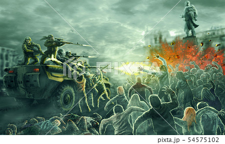 Zombie horde attack shooting soldiers. 54575102