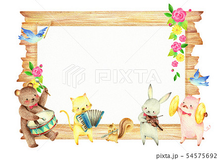 動物の音楽隊 木目 背景 春 動物の音楽隊 木目 背景 春 54575692