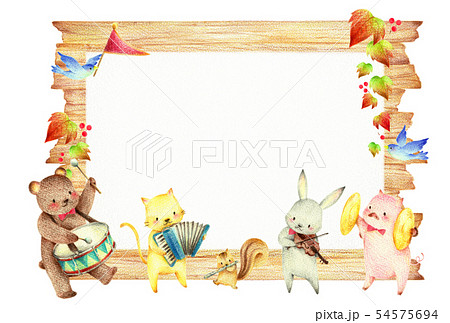 動物の音楽隊　木目　背景　秋 54575694