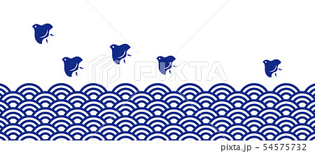 日本の伝統的な柄 波に千鳥 波千鳥 青 紺 手ぬぐいのイラスト素材
