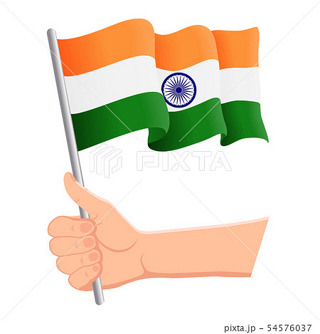 Hand holding and waving the national flag of India. Fans, independence day, patriotic concept Hand holding and waving the national flag of India. Fans, independence day, patriotic concept 54576037