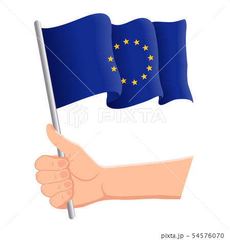 Hand holding and waving the national flag of European Union. Fans, independence day, patriotic 54576070