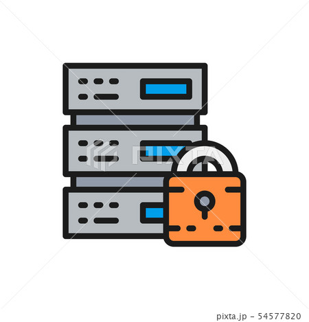 Vector safe server, protected data center, web hosting flat color line icon. 54577820