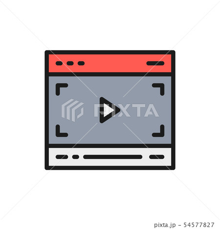 Vector video player on browser, multimedia page flat color line icon. Vector video player on browser, multimedia page flat color line icon. 54577827