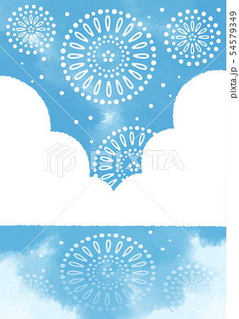 花火の見える青空と海 可愛い手描き水彩風のイラスト素材