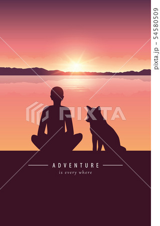 man and dog silhouette by the lake with mountain landscape at sunset adventure design 54580509