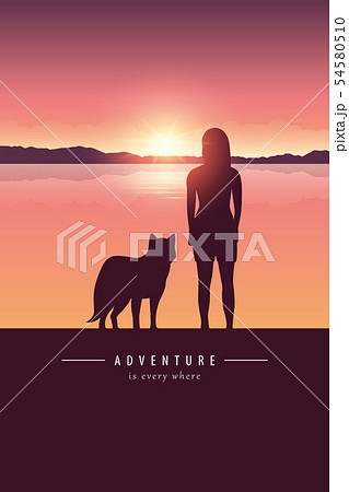 girl and dog silhouette by the lake with mountain landscape at sunset adventure design 54580510