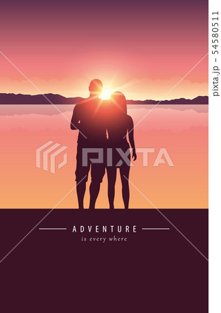 couple silhouette by the lake with mountain landscape at sunset adventure design couple silhouette by the lake with mountain landscape at sunset adventure design 54580511