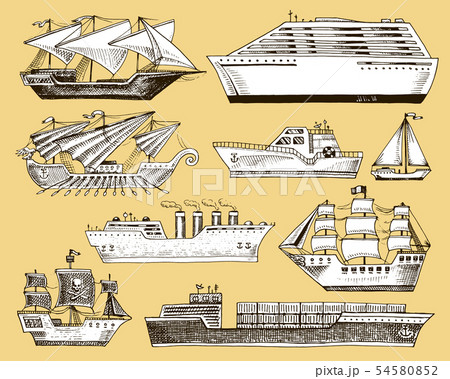 Ship boat vessel sailboat cruise liner or passenger steamship and powerful speedboat or motorboat Ship boat vessel sailboat cruise liner or passenger steamship and powerful speedboat or motorboat 54580852