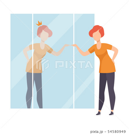 Narcissistic Woman Character Looking at Mirror and Seeing in Reflection of Herself with Crown on Her 54580949