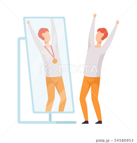 Narcissistic Man Character Looking at Mirror and Seeing in Reflection of Himself with Gold Medal 54580953