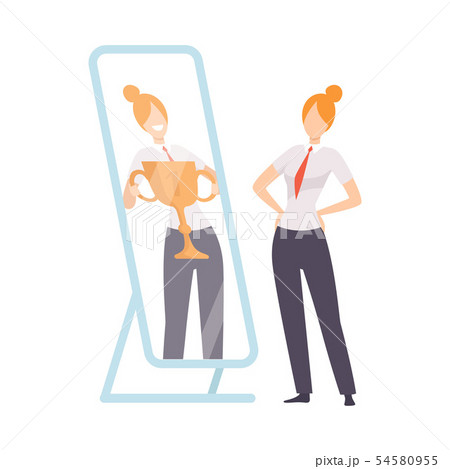 Narcissistic Woman Character Looking at Mirror and Seeing in Reflection of Herself with Winner Cup 54580955
