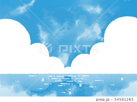 入道雲の浮かぶ空と海 可愛い手描き水彩風のイラスト素材 54581265