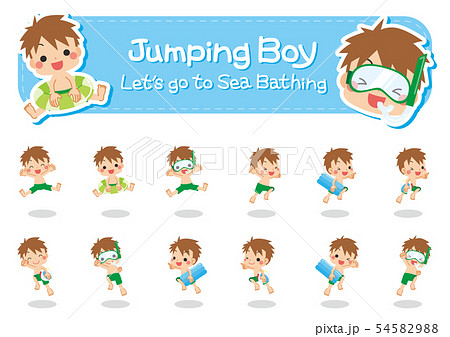 ウキウキしてジャンプする水着を着た男の子 色々なポーズセット のイラスト素材 5459