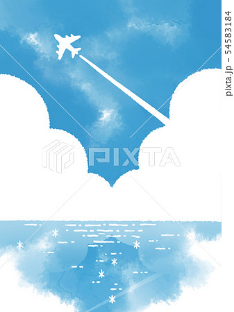 青空を飛ぶ飛行機 可愛い手描き水彩風のイラスト素材