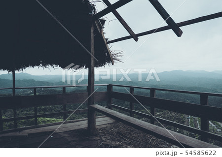 Mountain and village views and fields in the rainy 54585622
