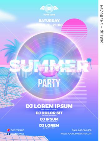 Beach party poster for clubbing dance event with vaporwave, 80s retro or synth wave style and palm 54586794