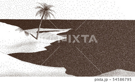 Beach or tropical coast landscape with palm tree and sea in retro dotwork style Beach or tropical coast landscape with palm tree and sea in retro dotwork style 54586795