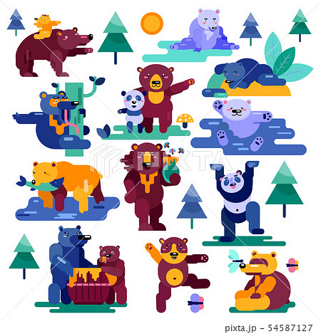 Bear vector cartoon animal character panda and brown grizzly eating honey illustration animalistic 54587127