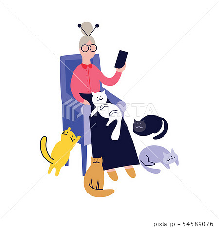 Lonely grandma with cats and telephone flat vector isolated on white background. 54589076