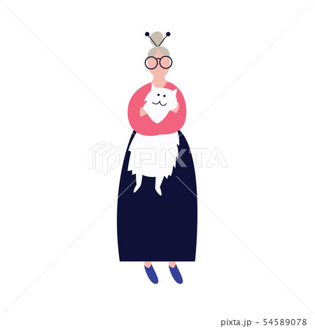 A lonely old woman hugs her cat flat vector illustration isolated on background. 54589078