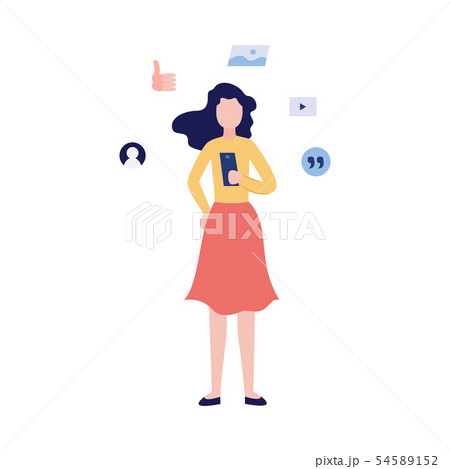 Woman giving customers feedback and social network icons flat vector illustration. Woman giving customers feedback and social network icons flat vector illustration. 54589152