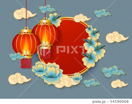 Blue background with red hanging traditional chinese lanterns, white clouds and flowers. 54590008
