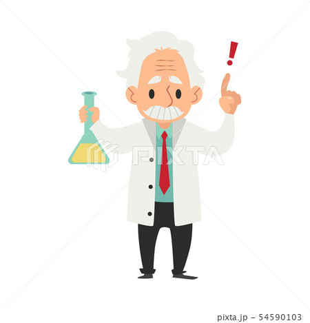 An old wise man with a mustache conducts a scientific experiment or test with a flask. 54590103