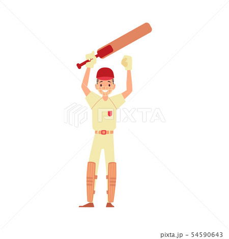 A man cricket player, cricketer and batsman raised his hands with a bat and rejoices. 54590643