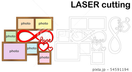 Frame for photos with inscription 'Love' for laser cutting. Collage of photo frames. Template laser Frame for photos with inscription 'Love' for laser cutting. Collage of photo frames. Template laser 54591194
