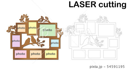 Frame for photos with birds and leaves for laser cutting. Collage of photo frames. Template laser Frame for photos with birds and leaves for laser cutting. Collage of photo frames. Template laser 54591195