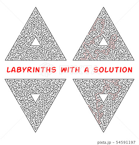 Set of triangular labyrinths. Maze isolated on a white background. Solution is made in red dotted Set of triangular labyrinths. Maze isolated on a white background. Solution is made in red dotted 54591197