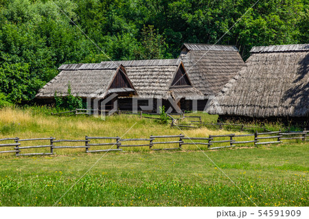 Open-air museum in Chorzow. Wooden cottage in heri 54591909