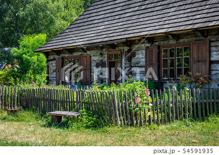 Open-air museum in Chorzow. Wooden cottage in heri 54591935